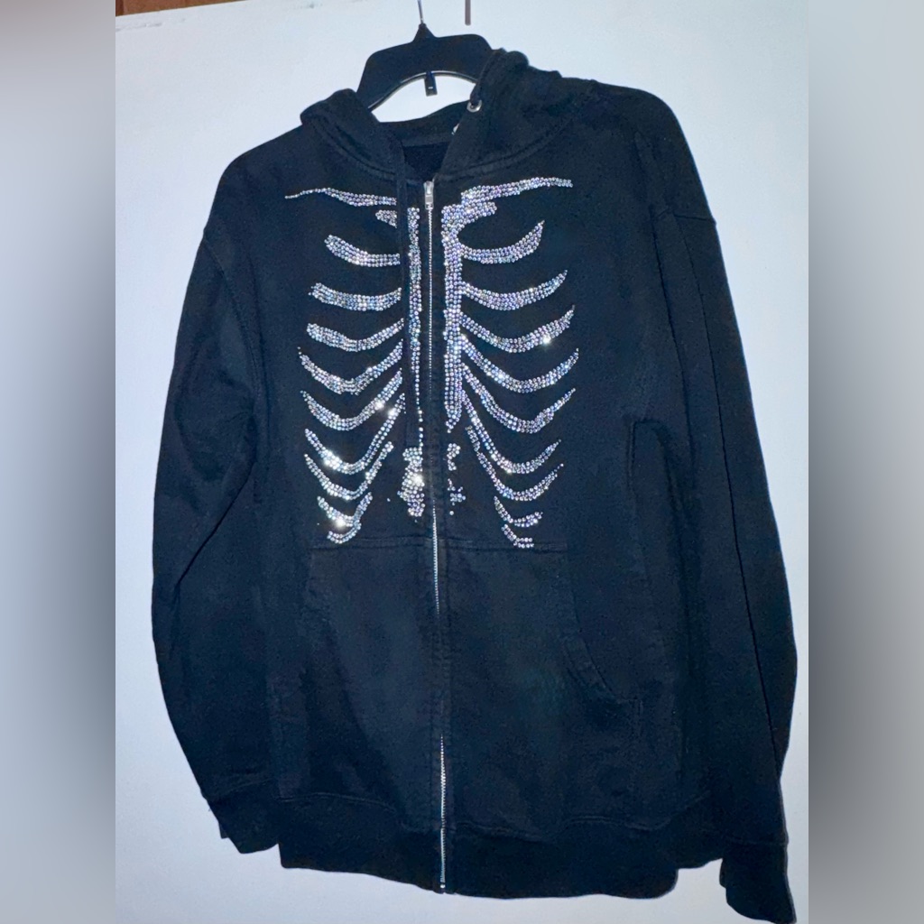 Black Sequin Skeleton Zip Hoodie - Women
